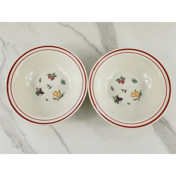 Stone Ware Cereal Bowl 7" Fruit Design Strawberry Grapes Pear Cream Red Trim x2 - Picture 2 of 12